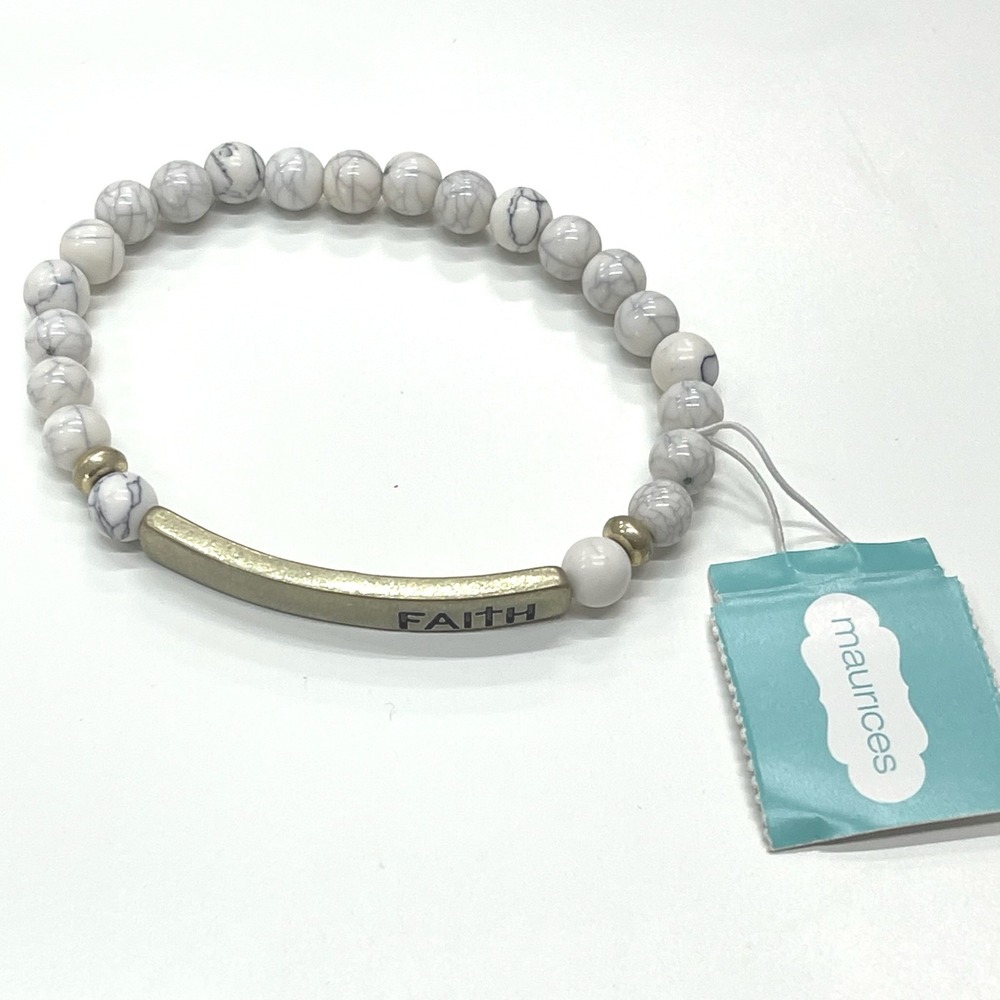 Maurices Faith Beaded Bracelet White Marble Gold Tone Inspirational Stretch NWT